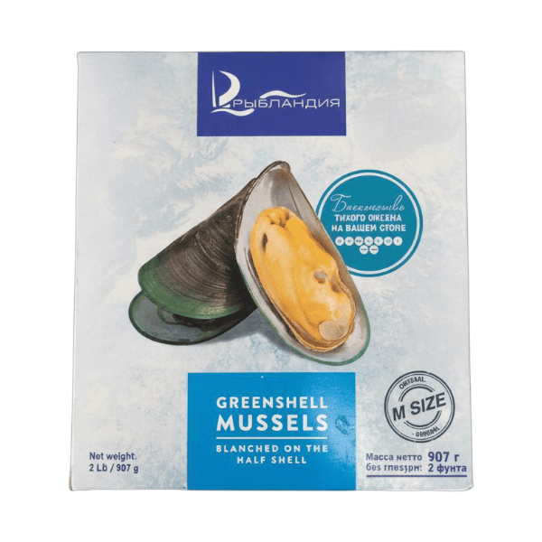 Фото Мидии зеленые на створке ракушки бланш. (фас. 0,907 кг) (Китай) 